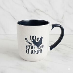 Life is Better With Chickens Speckled Stoneware Mug Navy Blue Cream Farmhouse
